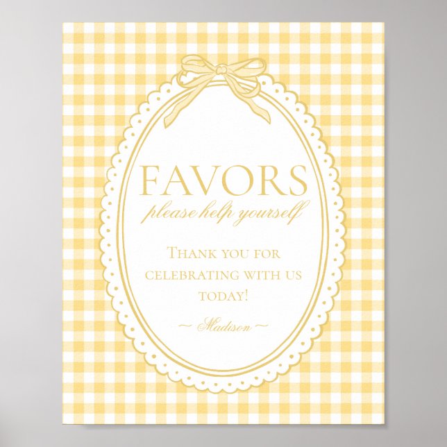 Yellow Gingham Coquette Bow Favours Sign (Front)