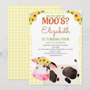 Yellow Gingham Cow Birthday Farm Animals Barnyard Invitation