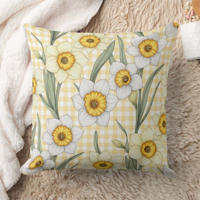 Yellow Gingham Daffodil Botanical Floral Pattern Cushion (Blanket)