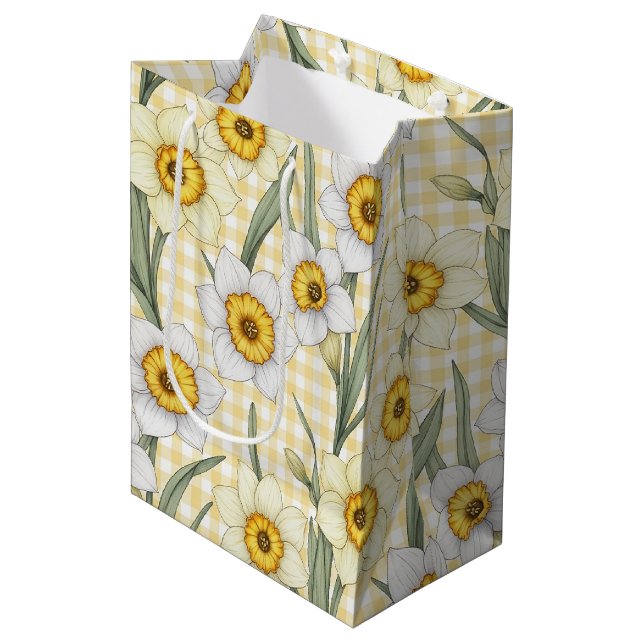 Yellow Gingham Daffodil Botanical Floral Pattern Medium Gift Bag (Front Angled)