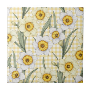 Yellow Gingham Daffodil Botanical Floral Pattern Tile