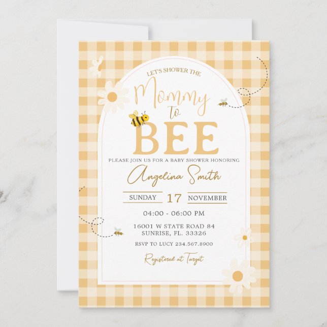 Yellow Gingham Daisy Bee Mummy To Bee Baby Shower Invitation (Front)