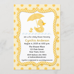 Yellow Gingham Duck with Umbrella, Baby Shower Invitation