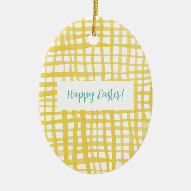 Yellow gingham Easter Ceramic Tree Decoration (Front)