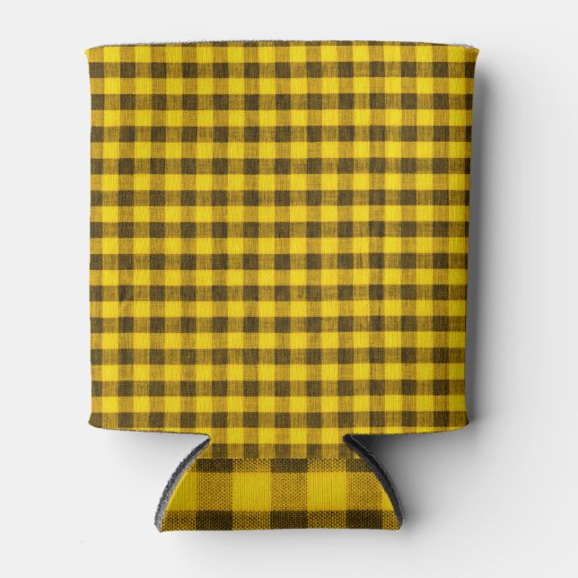 Yellow Gingham Fabric Texture Can Cooler (Front)
