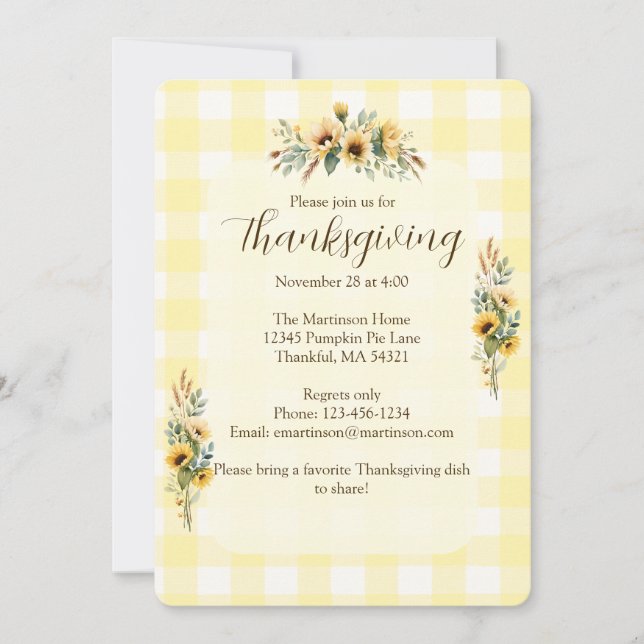 Yellow Gingham Fall Sunflowers Thanksgiving Invitation (Front)