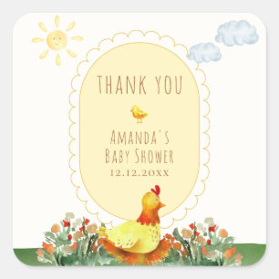 Yellow Gingham Farm Little Chicken Baby Shower Square Sticker