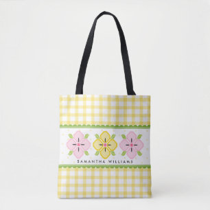 Yellow Gingham Floral Monogrammed Tote Bag