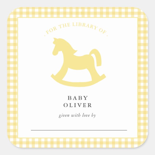 Yellow Gingham Gender neutral Baby Bookplate Square Sticker (Front)