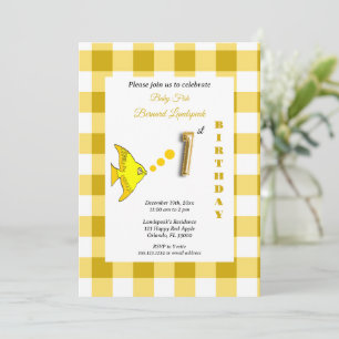 Yellow Gingham Gold Foil Balloon Fish 1st Birthday Invitation