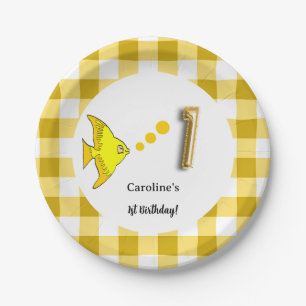 Yellow Gingham Gold Foil Balloon Fish 1st Birthday Paper Plate