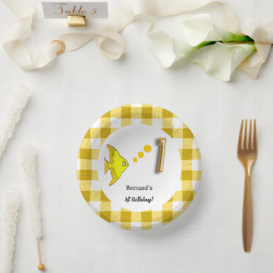 Yellow Gingham Gold Foil Balloon Fish 1st Birthday Paper Plate