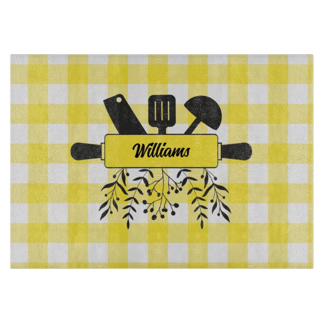 Yellow Gingham Gourmet Glass Cutting Board (Front)