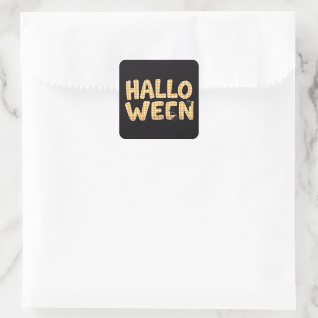 Yellow Gingham Halloween Cat Square Sticker (Bag)