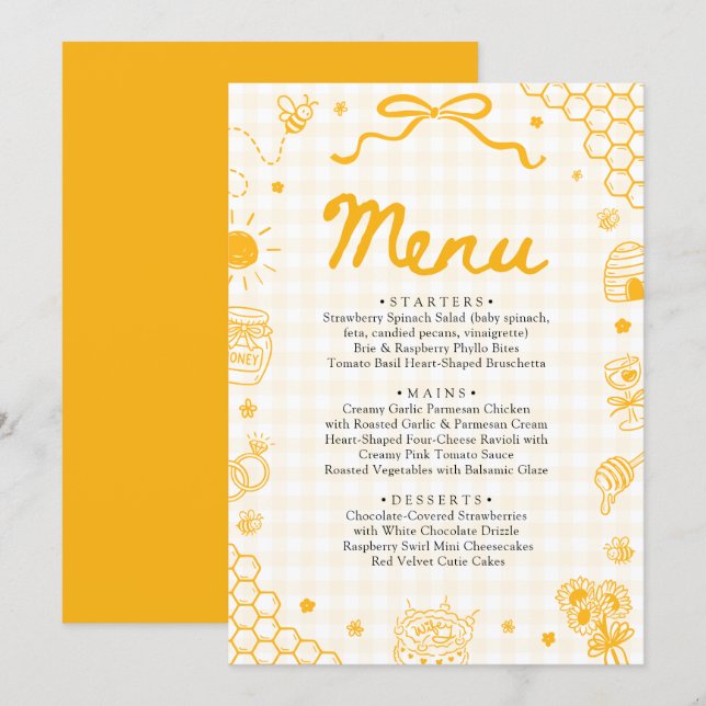 Yellow Gingham Hand Drawn Honey Bee Menu Card (Front/Back)
