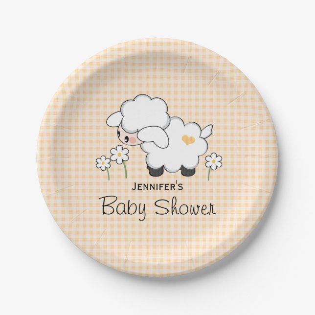 Yellow Gingham Lamb Baby Shower Paper Plate (Front)