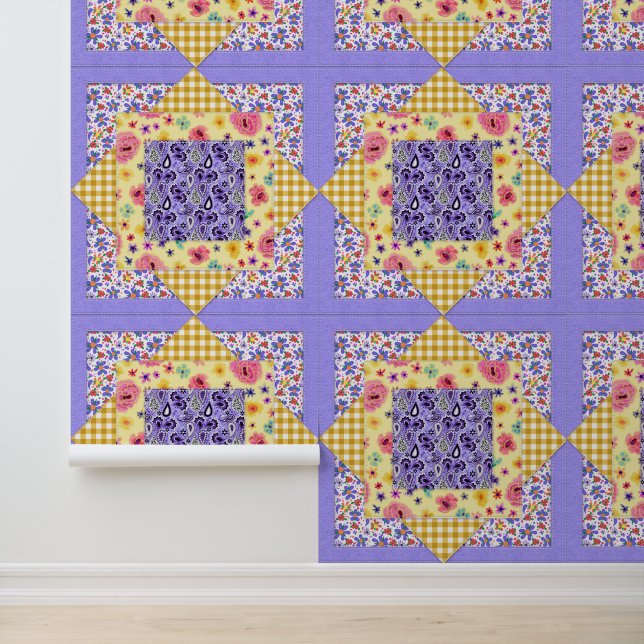 Yellow Gingham Lavender Quilted Cottage Style Wallpaper (Application)