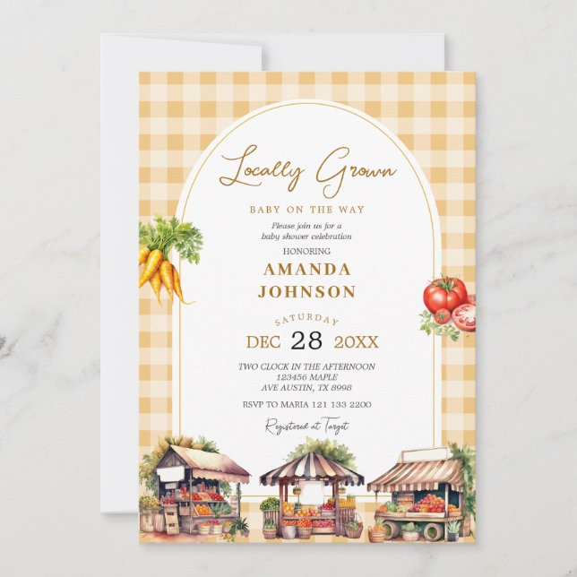 Yellow Gingham Locally Grown Veggies Baby Shower Invitation (Front)