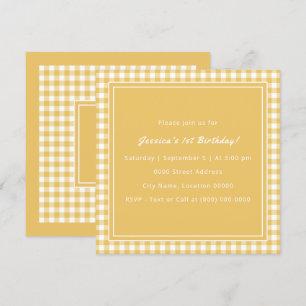 Yellow Gingham Monogram Birthday Party Invitation