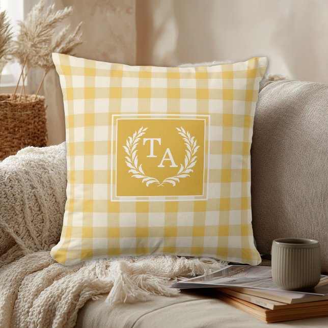 Yellow Gingham Monogram Crest Cushion (Yellow Gingham Monogram Crest Throw Pillow)
