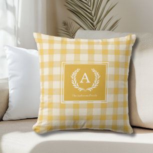 Yellow Gingham Monogram Crest Cushion