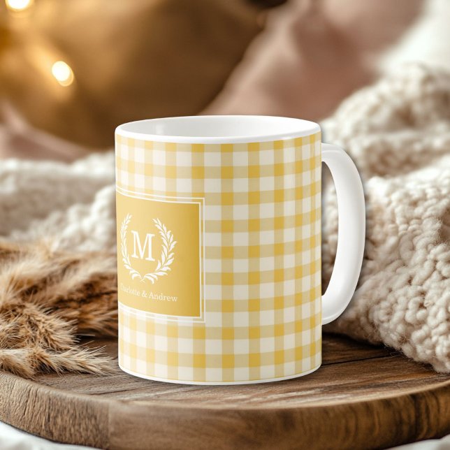Yellow Gingham Monogram Crest Custom Coffee Mug (Yellow Gingham Monogram Crest Custom Coffee Mug)
