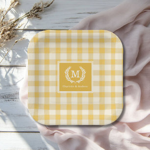 Yellow Gingham Monogram Crest Custom Paper Plate
