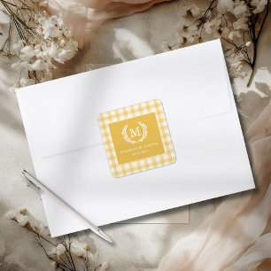 Yellow Gingham Monogram Crest Custom Square Sticker