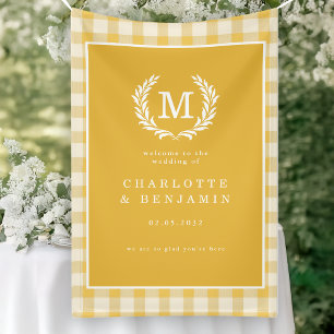 Yellow Gingham Monogram Crest Wedding Welcome Banner