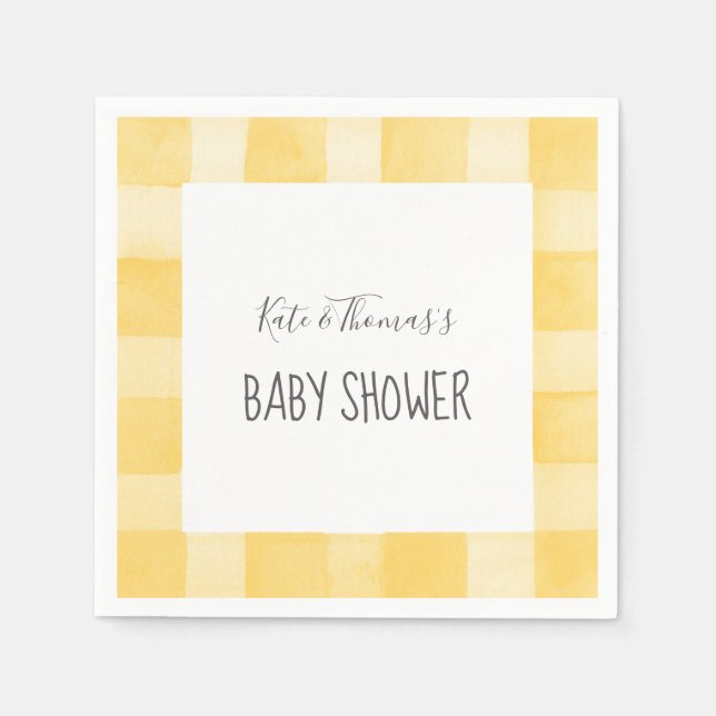 Yellow Gingham Neutral Picnic Baby Shower Napkin (Front)