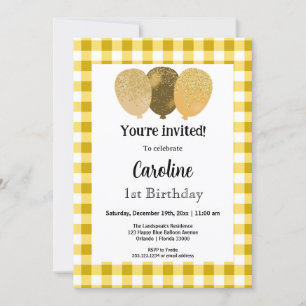 Yellow Gingham, Party Balloons 1st Birthday Invitation