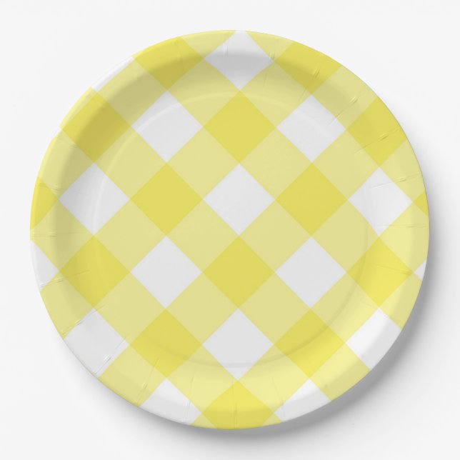 Yellow Gingham Pattern Paper Plate (Front)
