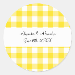 Yellow gingham pattern wedding favours classic round sticker
