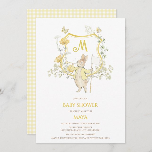 Yellow Gingham Peter the Rabbit Monogram Baby Show Invitation (Front/Back)