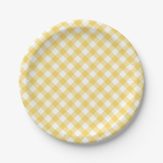 Yellow Gingham Plaid Pattern Paper Plate (Front)