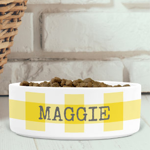 Yellow Gingham Plaid Personalised Farmhouse Dog Bowl