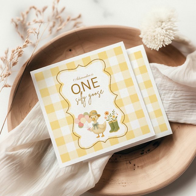  Yellow Gingham Silly Goose 1st Birthday Napkin (Creator Uploaded)