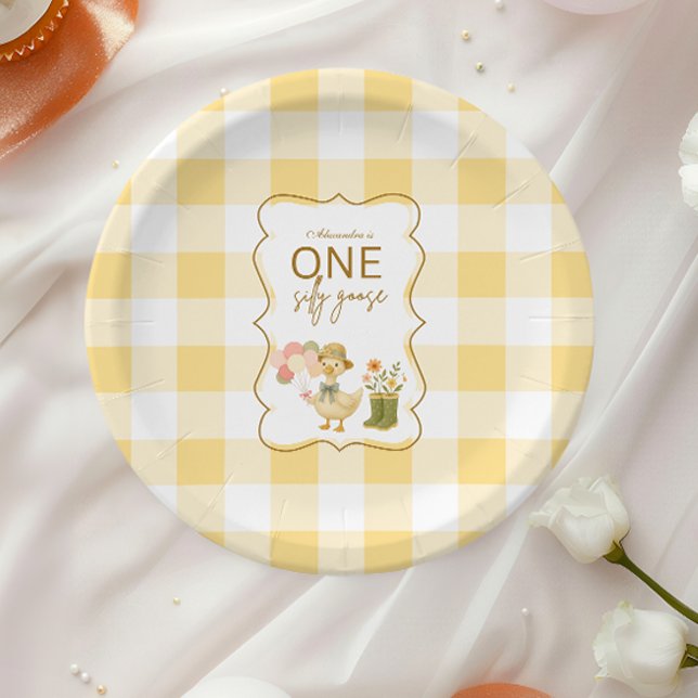  Yellow Gingham Silly Goose 1st Birthday Paper Plate (Creator Uploaded)