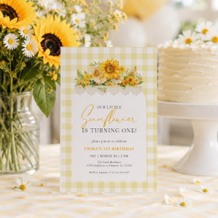 Yellow Gingham Sunflower 1st Birthday Invitation