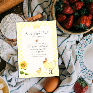 Yellow Gingham Sunflower Little Chick Baby Shower Invitation