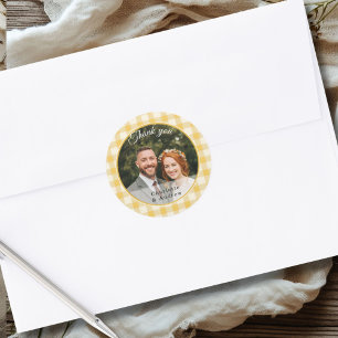 Yellow Gingham Thank you Photo Classic Round Sticker
