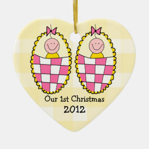 Yellow Gingham Twin Girls First Christmas Ceramic Tree Decoration