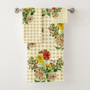 Yellow Gingham with Clematis Wildflowers Bath Towel Set