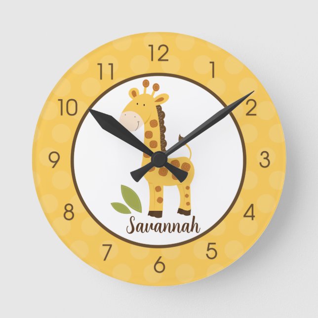 Yellow Giraffe Jungle Nursery Kids Animal Round Clock (Front)