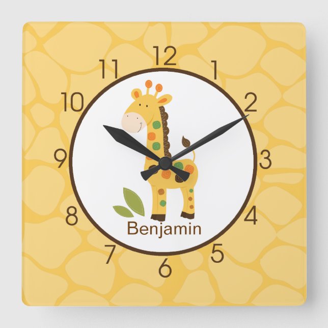 Yellow Giraffe Print Personalised Nursery Clock (Front)