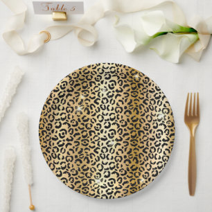 Yellow Glam Gold Black Glitter Leopard Paper Plate