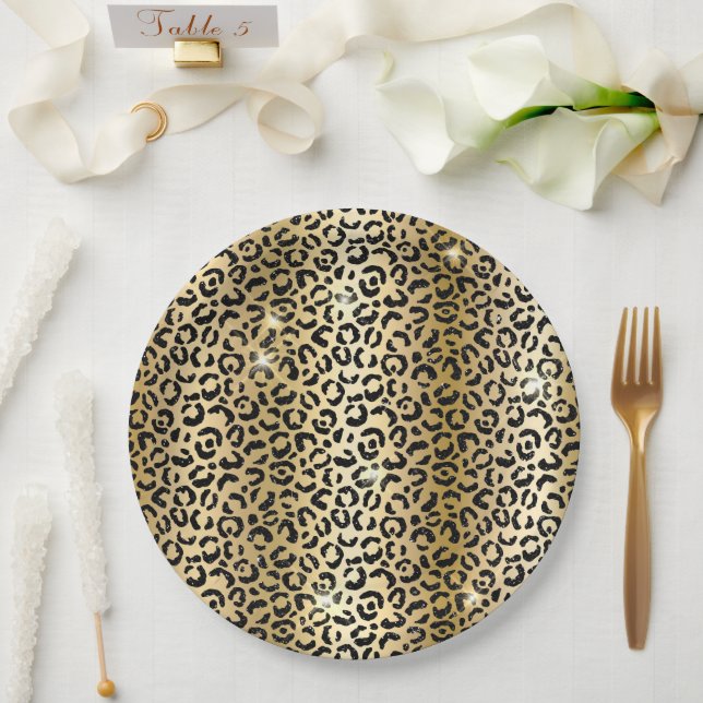Yellow Glam Gold Black Glitter Leopard  Paper Plate (Wedding)
