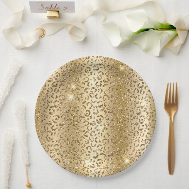 Yellow Glam Gold Glitter Leopard  Paper Plate (Wedding)