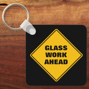 Yellow glass work ahead road sign personalised key ring