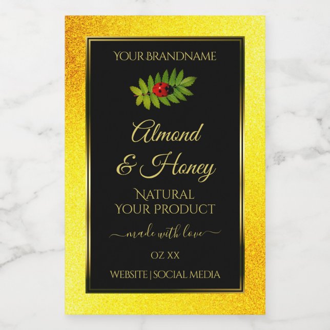 Yellow Glitter Black Product Labels Ladybug Leaf (Single Label)